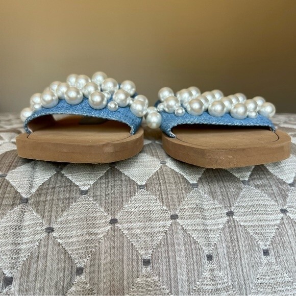 Stuart Weitzman Blue Denim Slide Flat Slip On Sandal Shoes w/ Pearls Women 5 B - Picture 9 of 14